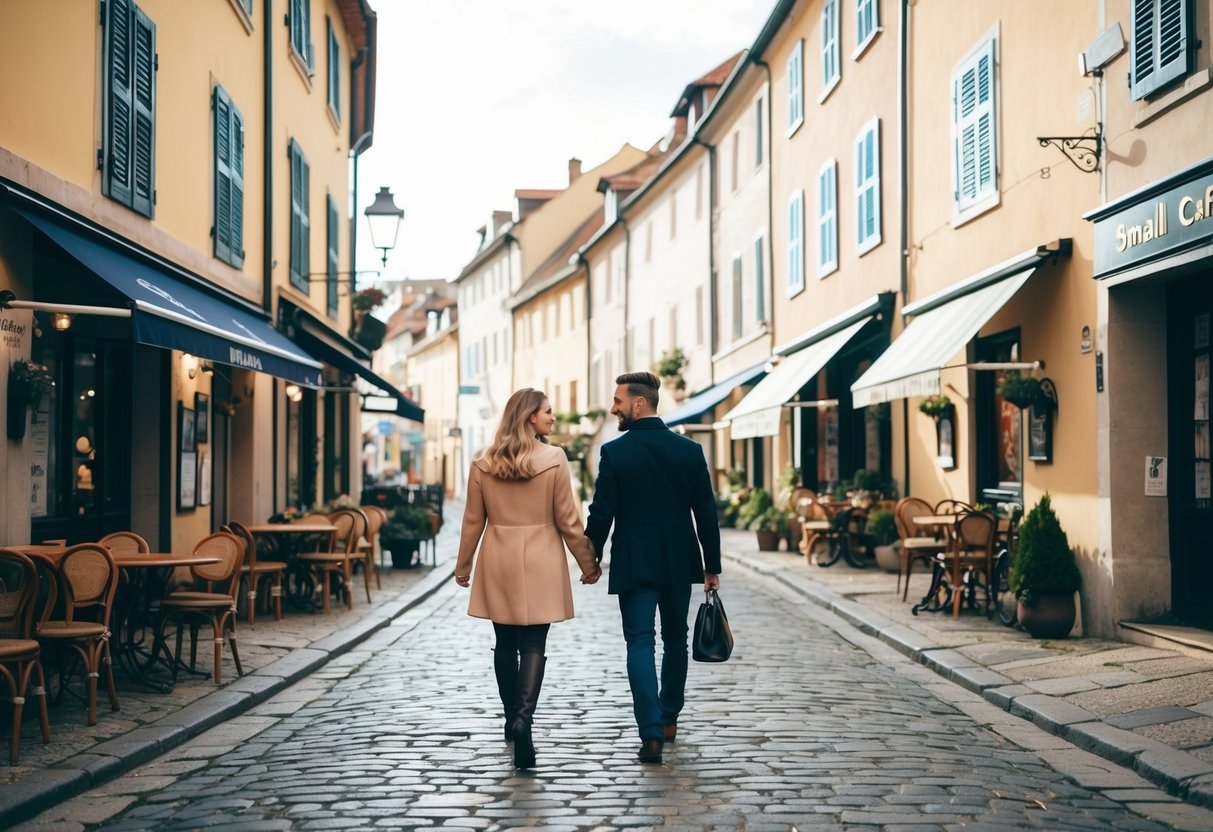A couple strolling through cobblestone streets, passing quaint shops and cozy cafes in a charming small town