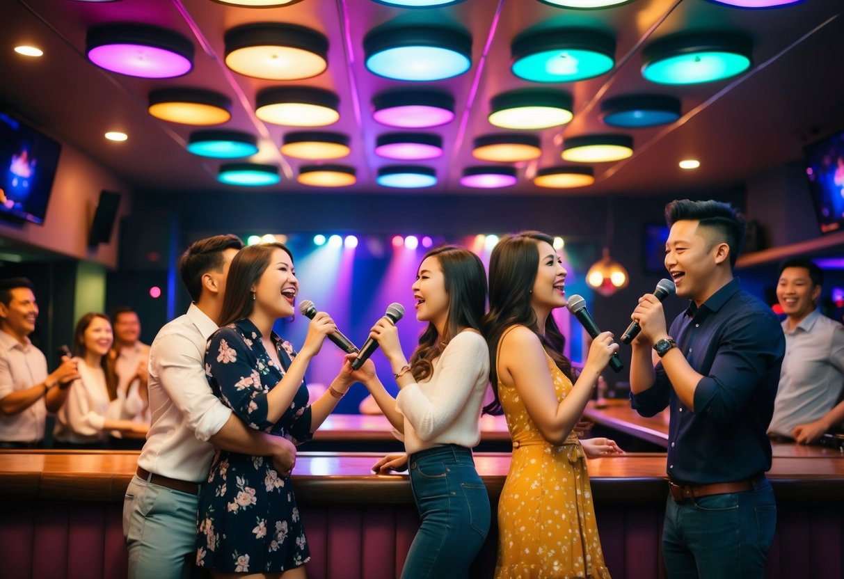 A cozy karaoke bar with colorful stage lights, couples singing together, and a lively atmosphere