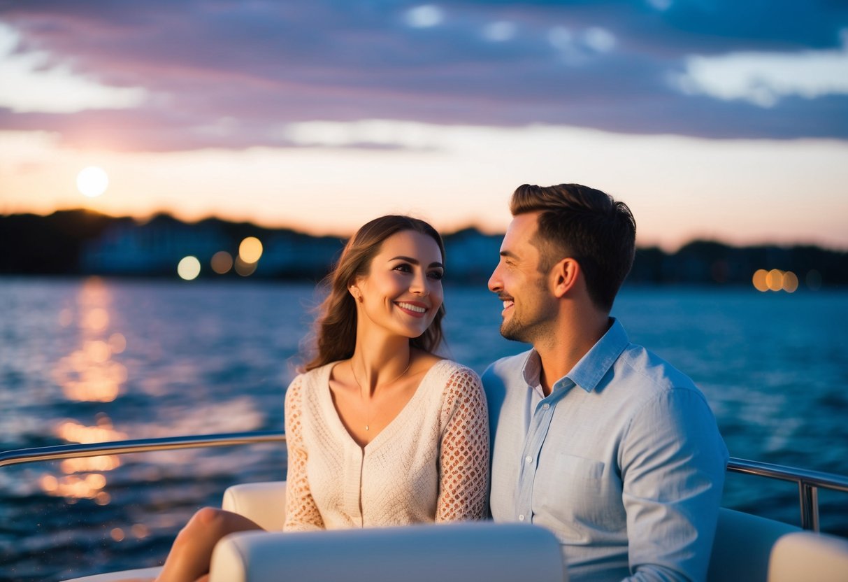 A couple enjoying a romantic evening boat cruise, with the sun setting in the background and a serene atmosphere