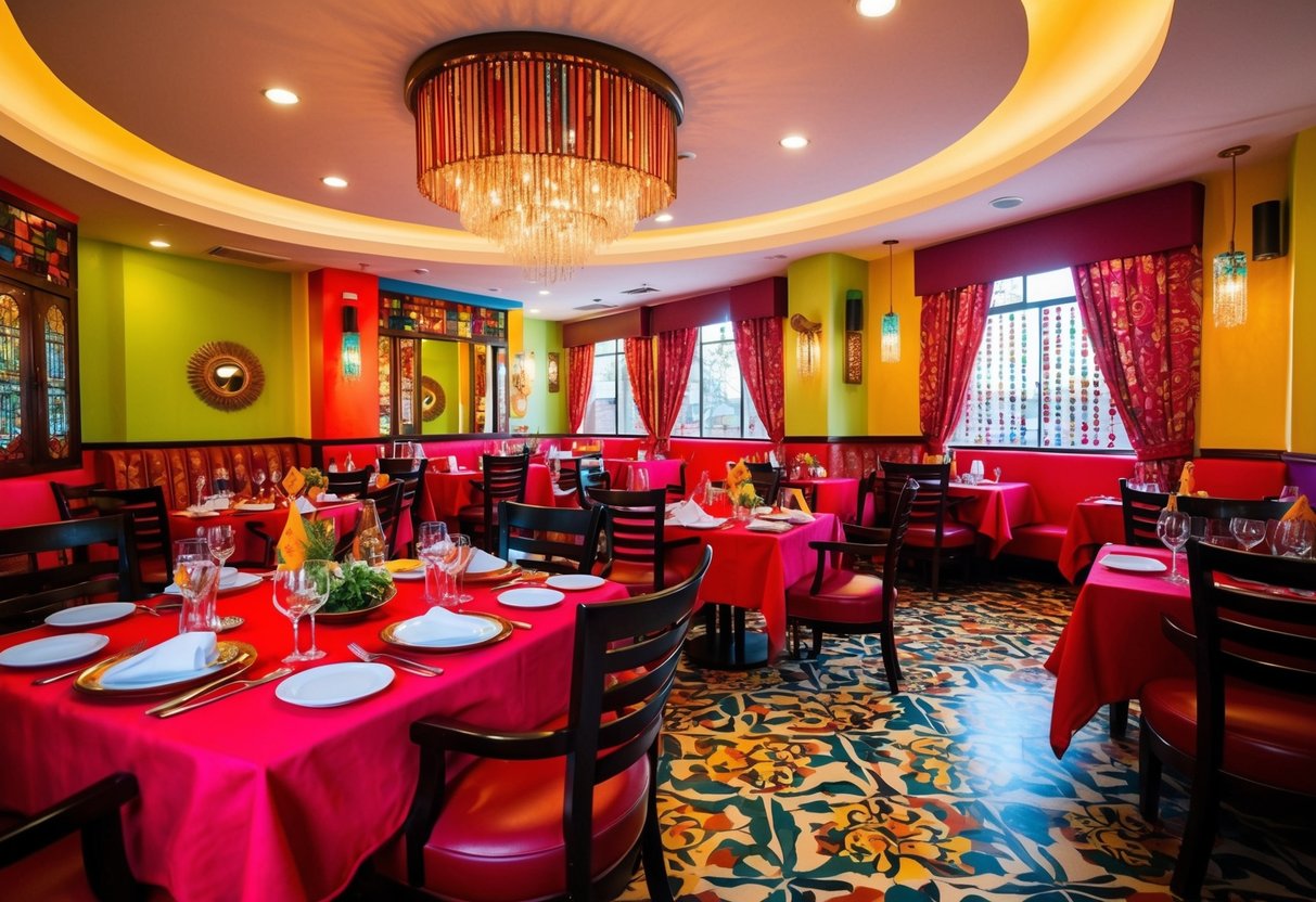 A vibrant Ethiopian restaurant with colorful decor and aromatic dishes