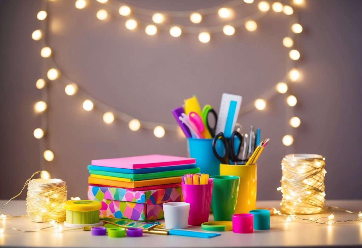 A cozy table set with colorful craft supplies, surrounded by twinkling fairy lights and soft music