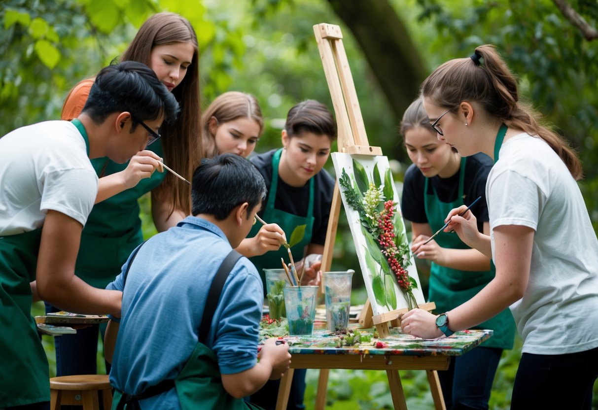 A group of students painting in a lush outdoor environment, using natural materials like leaves, flowers, and berries to create eco-friendly art