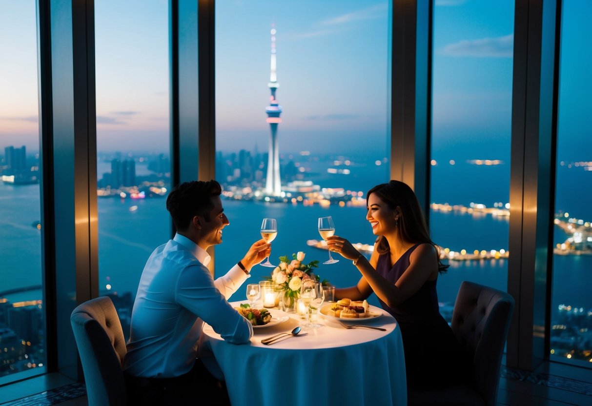 A couple enjoys a romantic dinner at the top of the Sky Tower, overlooking the city lights and harbor