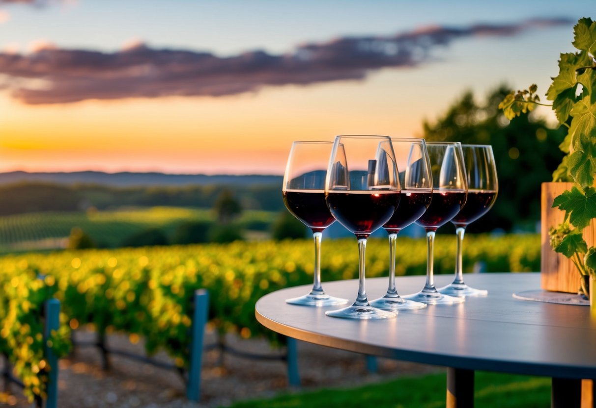 A serene vineyard setting with elegant wine glasses and a variety of elevated tasting stations, surrounded by lush greenery and a picturesque sunset