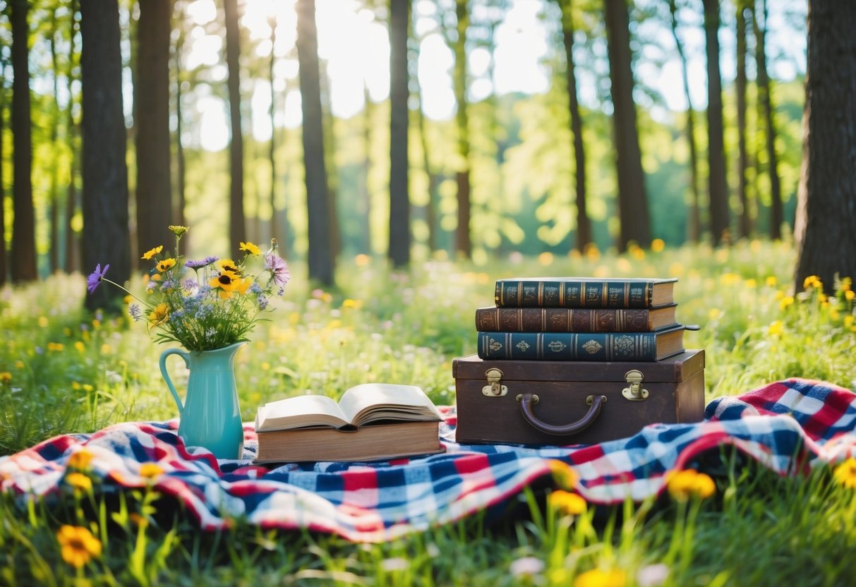 A cozy picnic in a sun-dappled forest clearing, with a checkered blanket, vintage books, and a vase of wildflowers