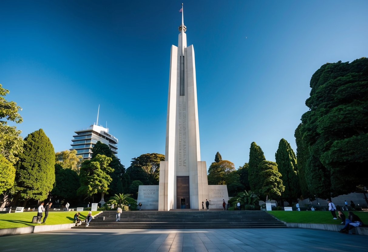 The Auckland War Memorial Museum stands tall against a clear blue sky, surrounded by lush greenery and a few scattered visitors