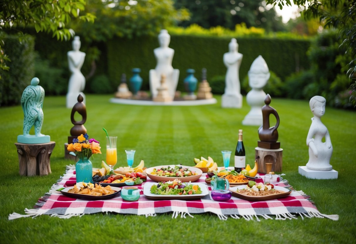A spread of food and drinks set on a checkered blanket surrounded by various sculptures in a lush garden