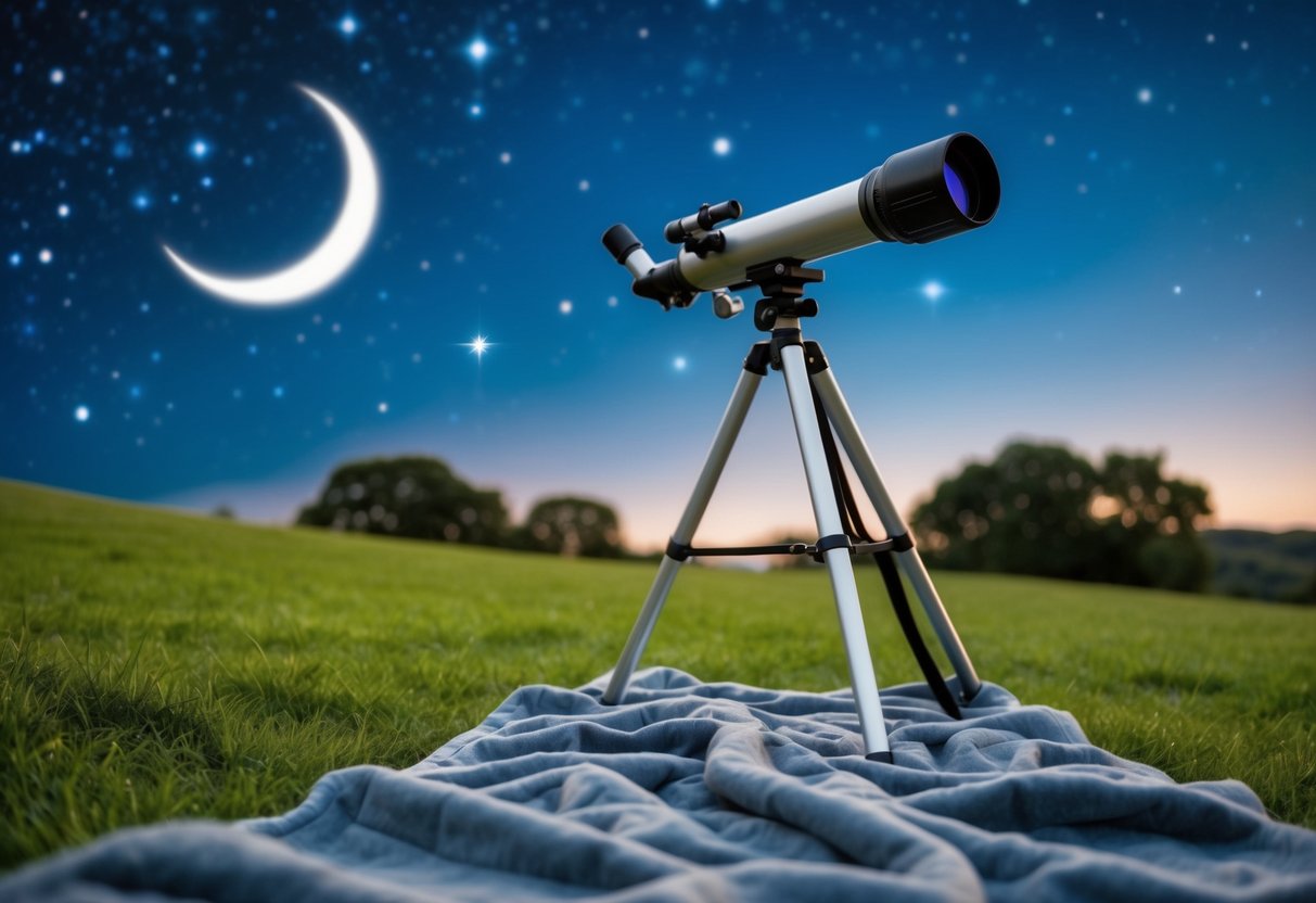 A cozy blanket on a grassy hill, a telescope pointed at the night sky, twinkling stars, and a crescent moon overhead