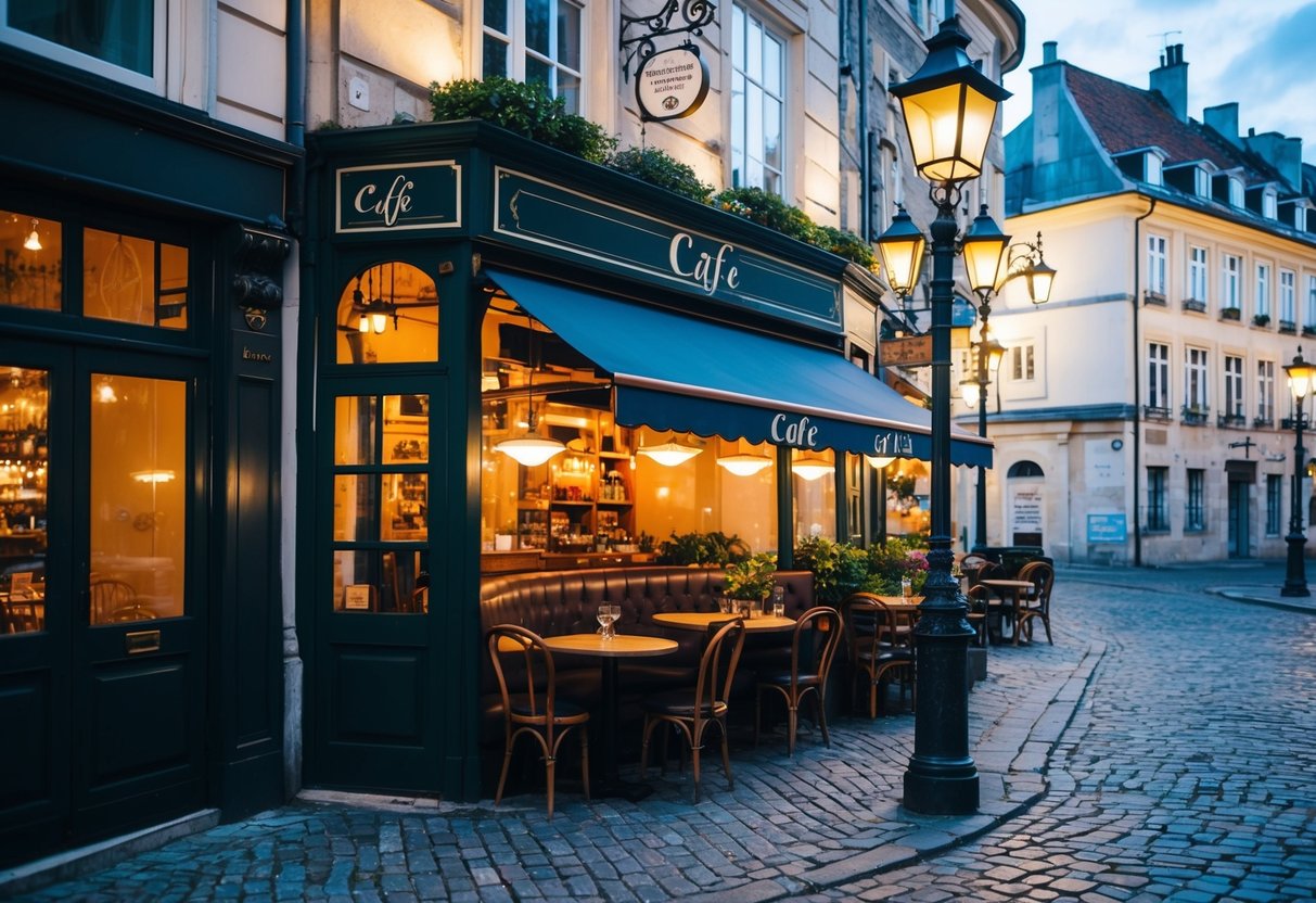 A cozy cafe with vintage decor nestled among historic buildings. Street lamps cast a warm glow on cobblestone streets