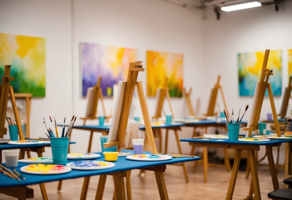 An art studio with easels, paint palettes, and brushes scattered on tables. Soft lighting and colorful paintings on the walls create an inviting atmosphere for a painting class