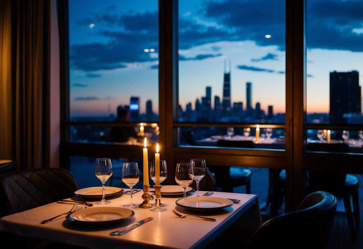 A cozy restaurant with dim lighting, a candlelit table, and a view of the city skyline through the window