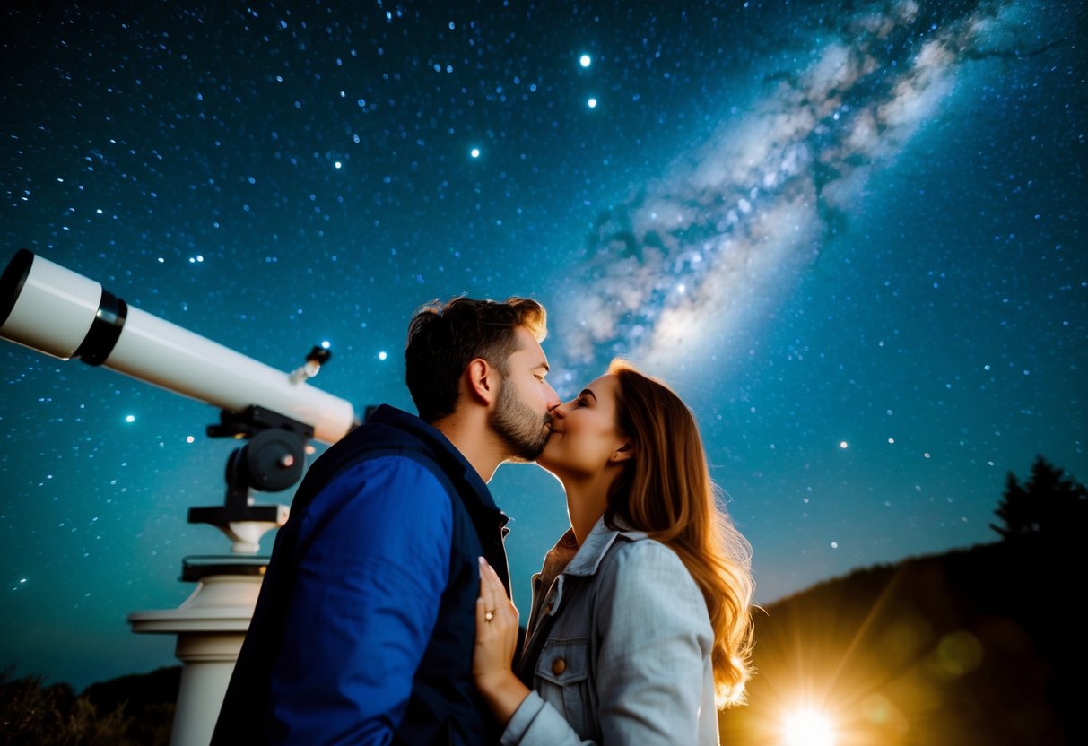 A couple gazes up at the night sky through a telescope at the local observatory, surrounded by twinkling stars and the glow of distant galaxies