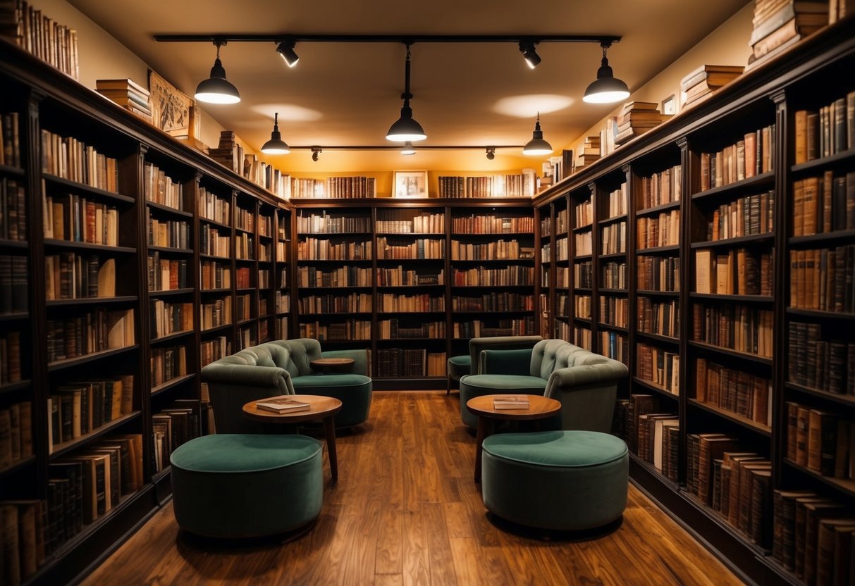A cozy vintage bookstore with shelves filled with old books, warm lighting, and comfortable seating areas for browsing