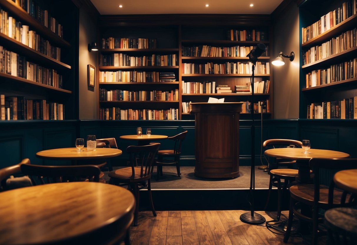 A cozy cafe with dim lighting, vintage furniture, and shelves filled with books. A small stage is set up for a poetry reading, with a microphone and a spotlight