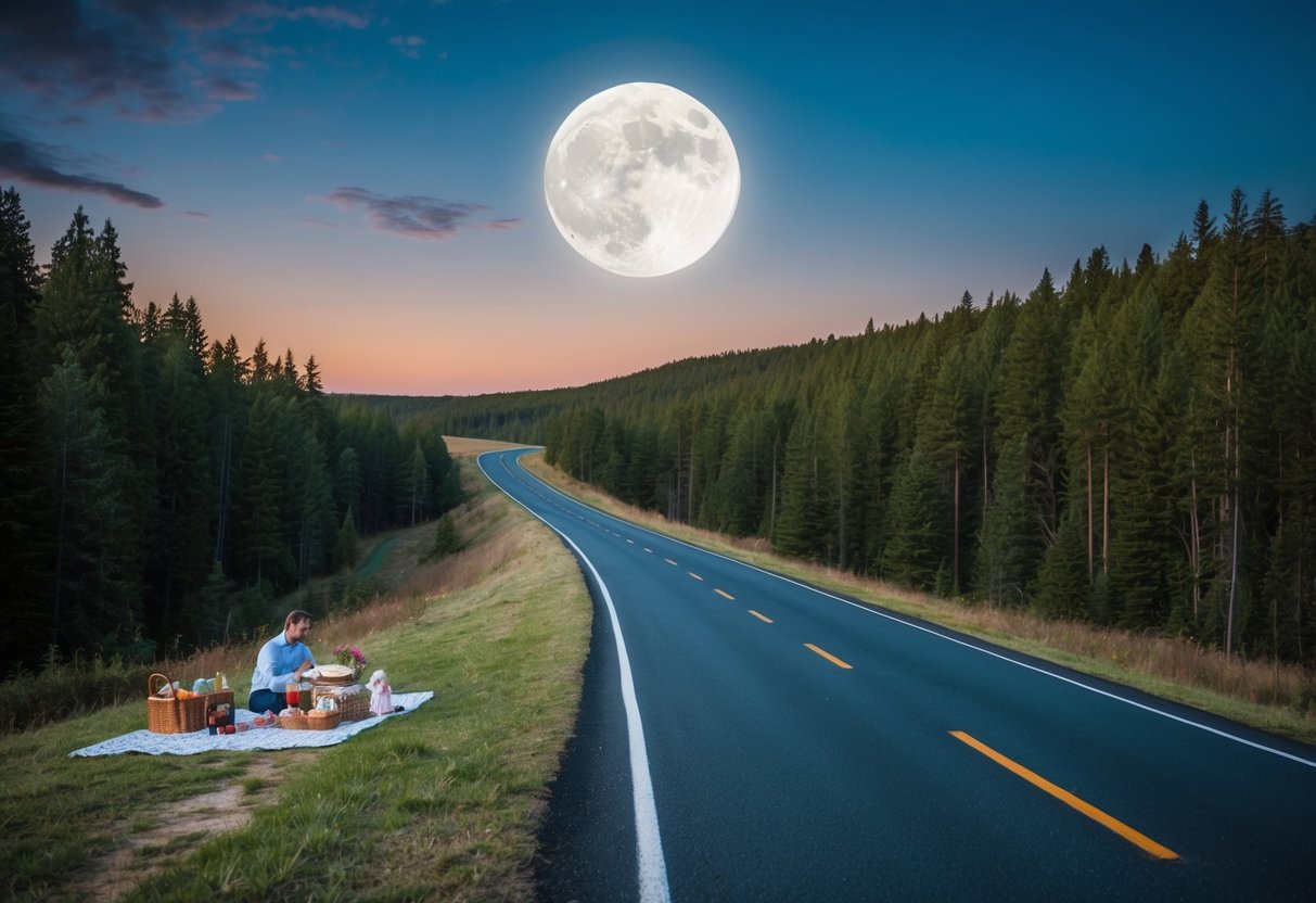 A winding road through a forest, with a full moon shining above and a cozy picnic set up on the side of the road