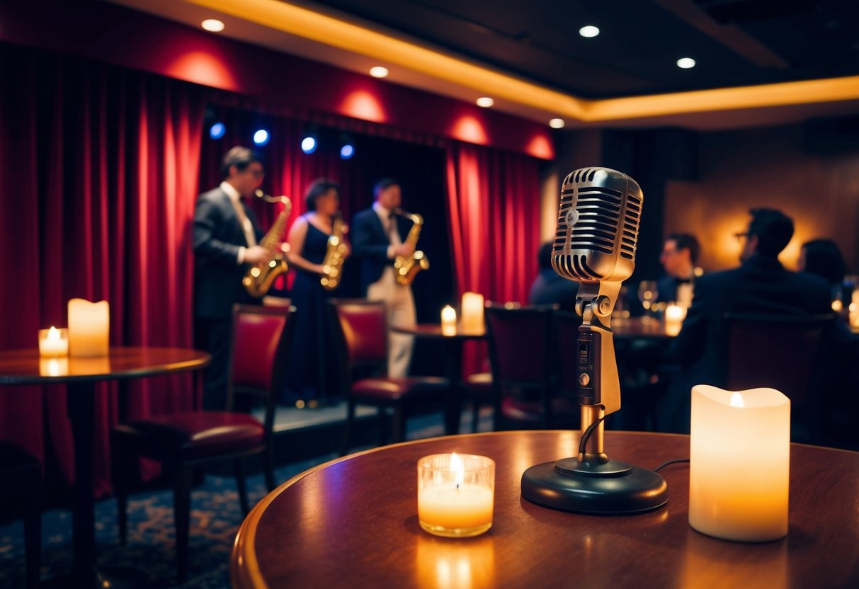 A dimly lit jazz club with a cozy stage, red velvet curtains, and a vintage microphone. Tables are adorned with flickering candles and couples sway to the smooth sounds of the band