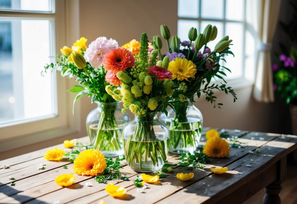 A rustic wooden table adorned with vases of fresh flowers, surrounded by scattered petals and greenery. Sunlight streams through the window, casting soft shadows on the vibrant blooms
