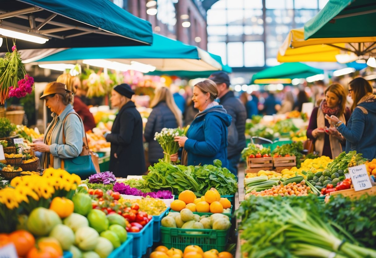 A bustling farmers market with colorful stalls and a variety of fresh produce, flowers, and artisan goods. Shoppers browse and chat, creating a lively and vibrant atmosphere