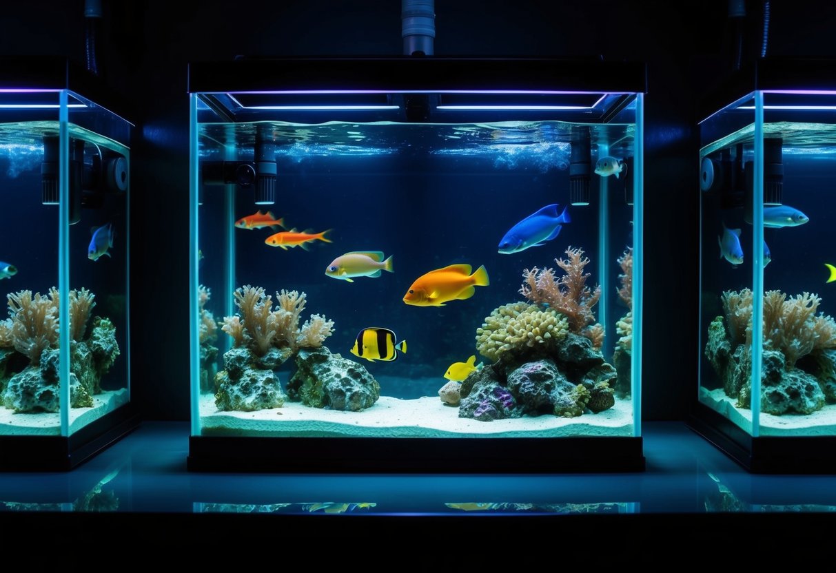 A dimly lit aquarium with glowing tanks and colorful sea creatures swimming in the dark waters