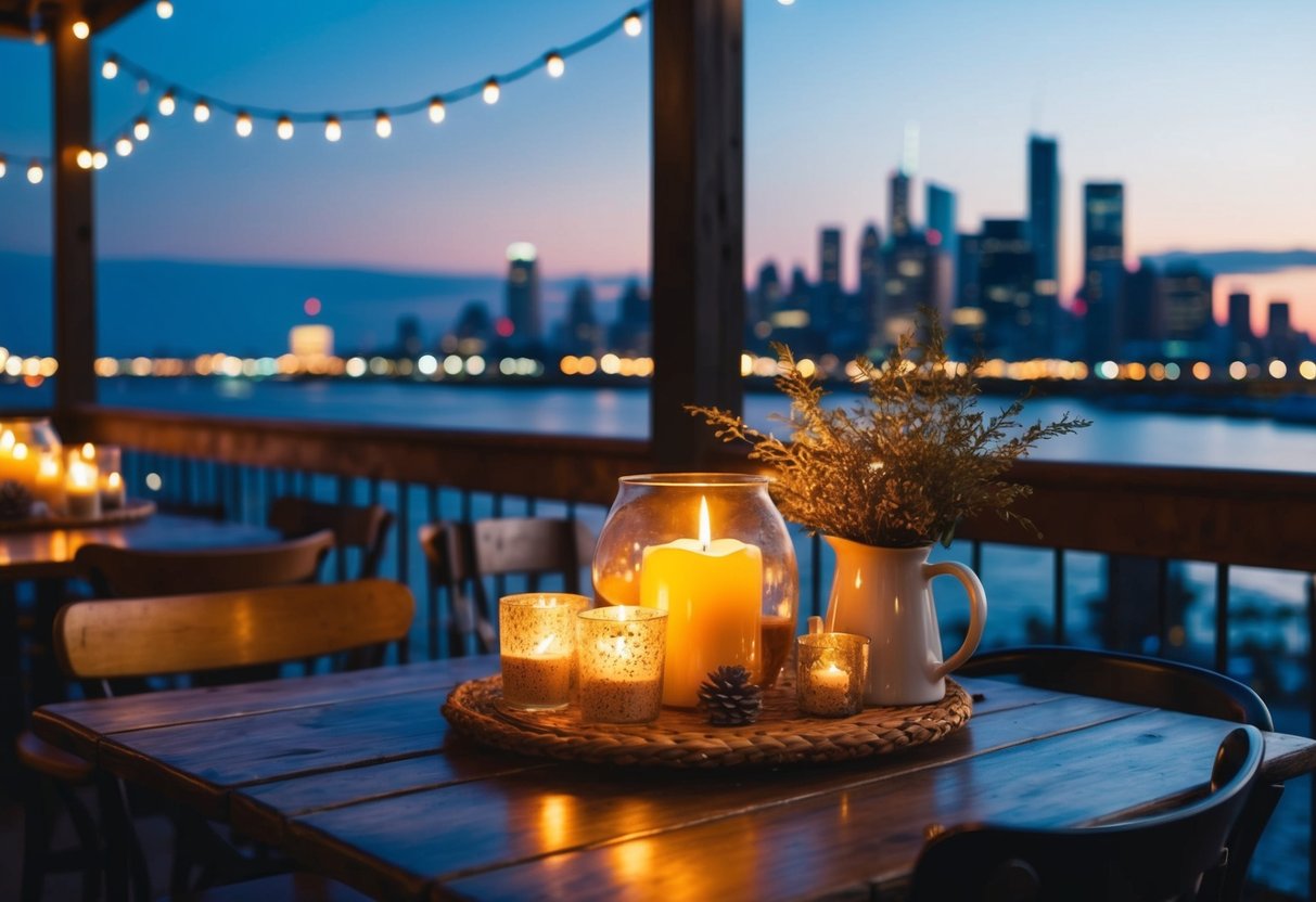 A cozy, candlelit cafe with rustic decor and fairy lights, set against a backdrop of a serene city skyline at dusk