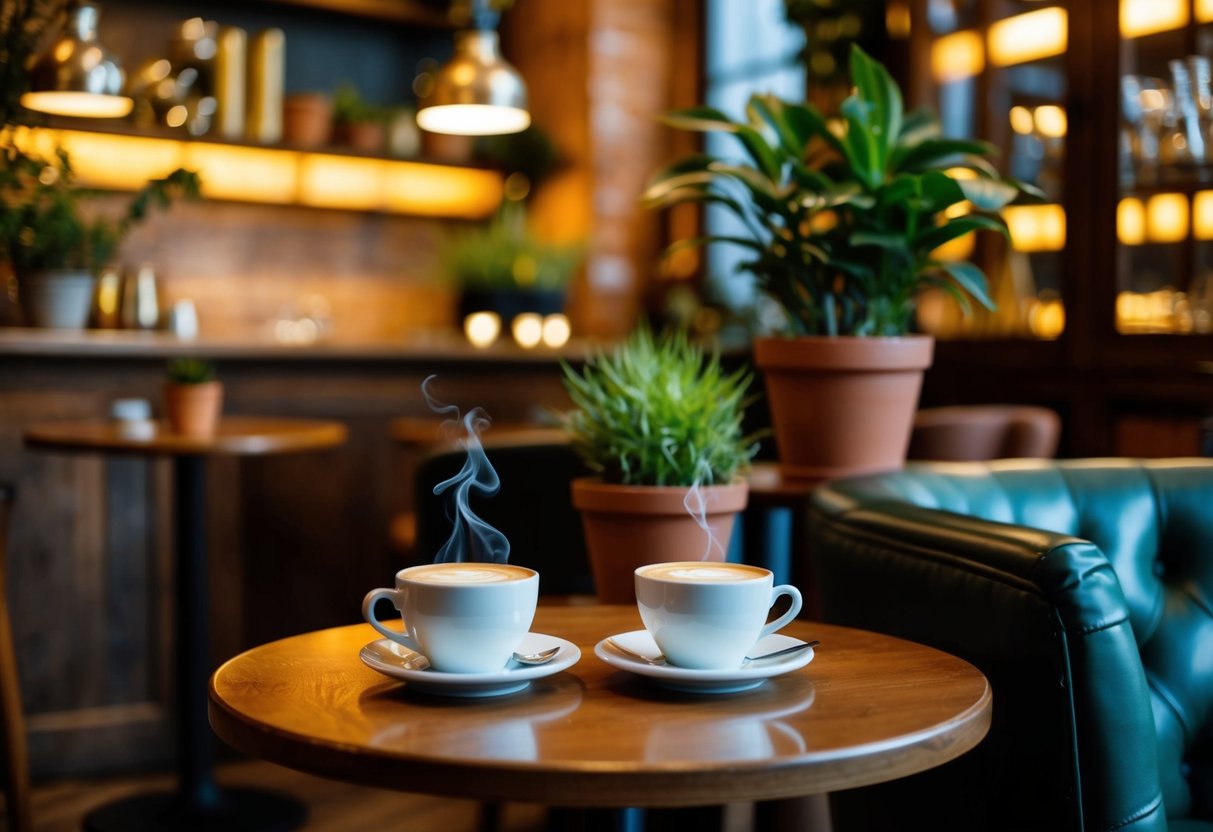 A cozy cafe with warm lighting, potted plants, and vintage decor. Two cups of steaming coffee sit on a small table