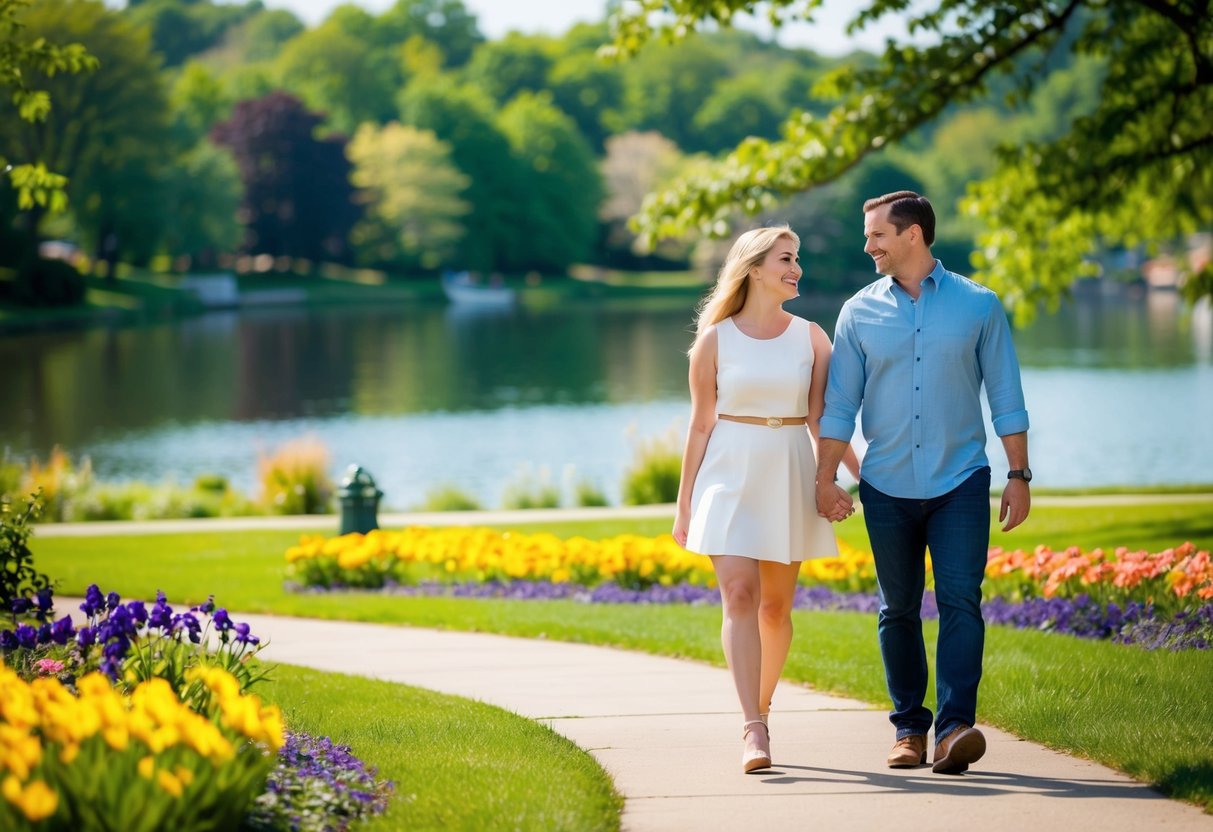 A couple strolling through a scenic park with a picturesque lake, surrounded by lush greenery and colorful flowers, in Akron, Ohio