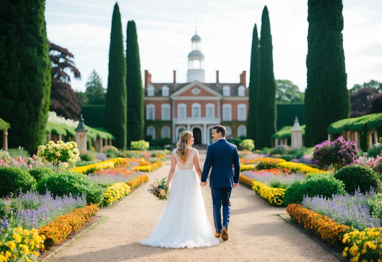 A couple walks through the lush gardens of Stan Hywet Hall, surrounded by colorful flowers and towering trees