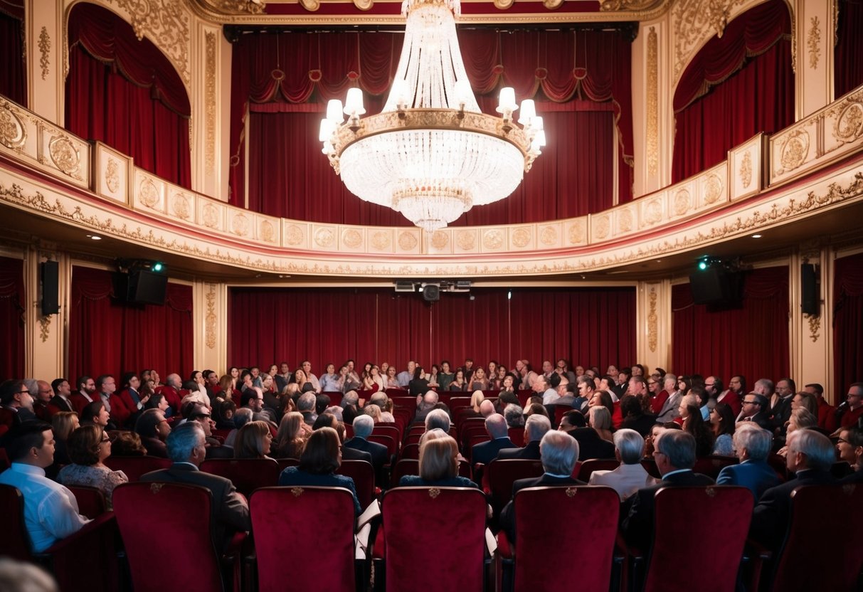 Audience seated in ornate theater, red velvet curtains drawn, stage lights illuminating grand chandelier above