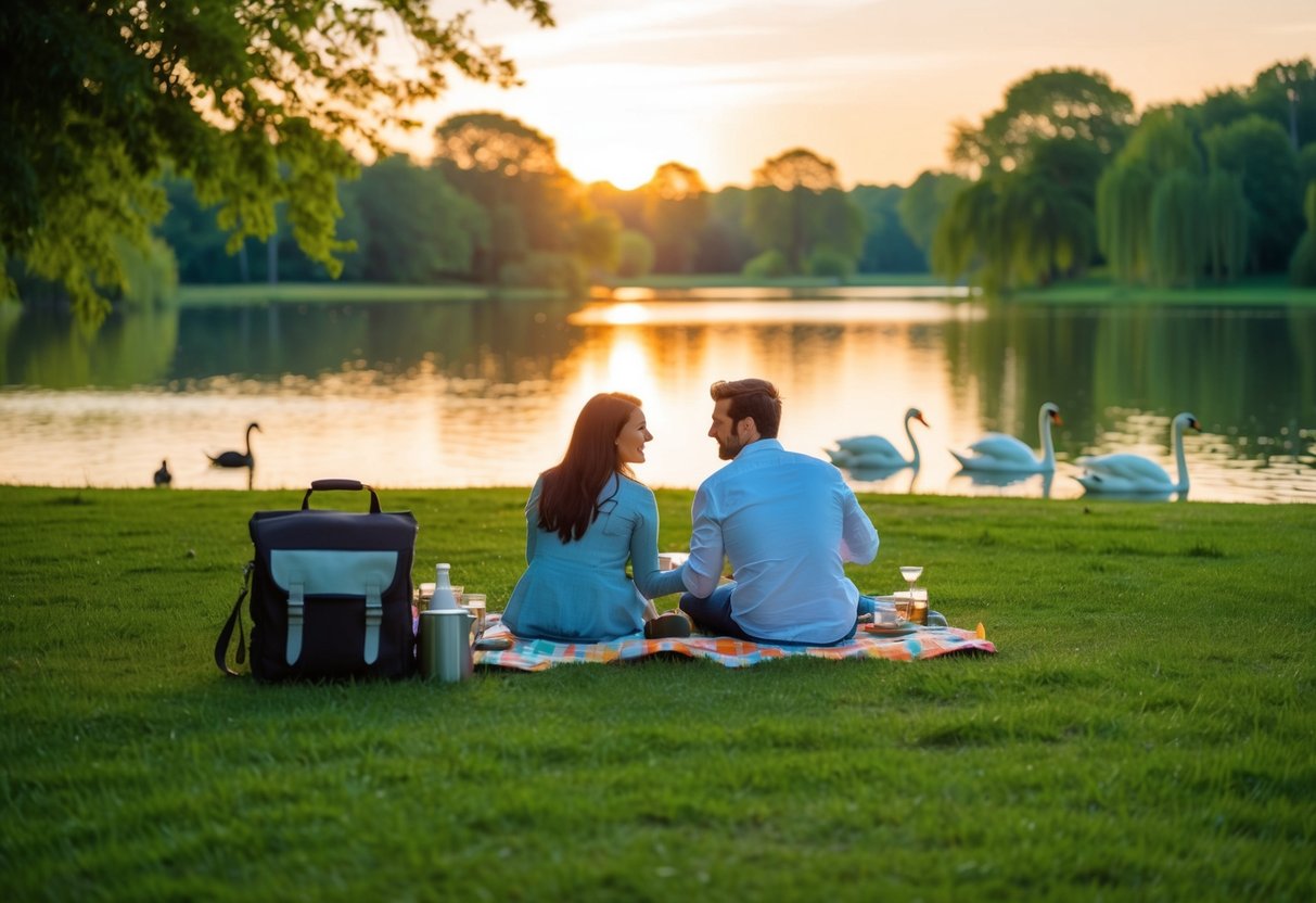 A couple picnicking in a lush green park by a tranquil lake, with swans swimming in the water and the sun setting in the distance