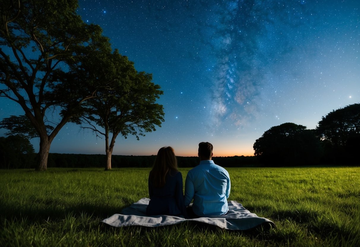 A couple sits on a blanket under a clear night sky, surrounded by trees and grassy fields, gazing up at the stars
