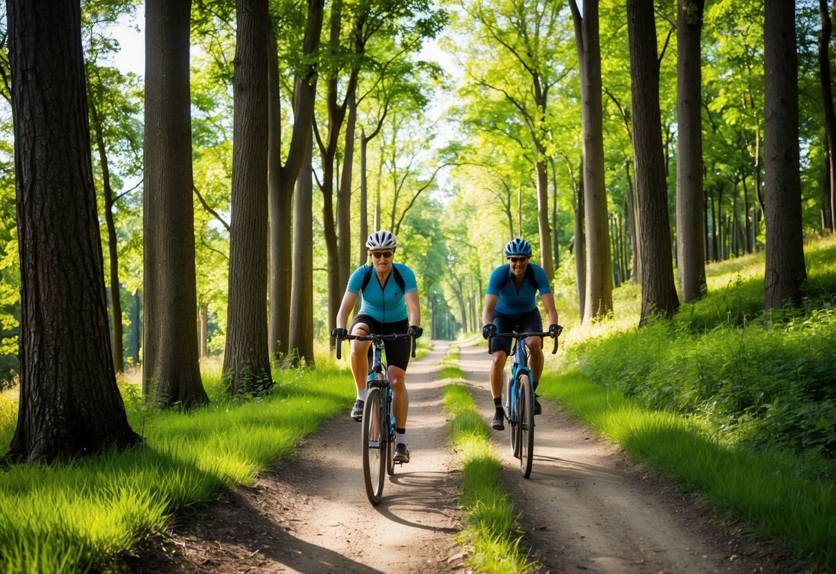 Two bicycles ride through a lush forest trail, surrounded by tall trees and dappled sunlight