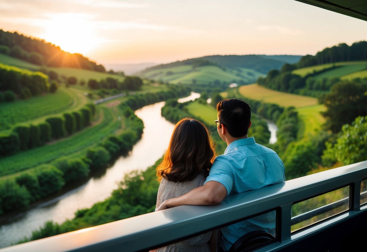 A couple gazes out over the rolling hills and winding river from the open-air train car, surrounded by lush greenery and the warm glow of the setting sun