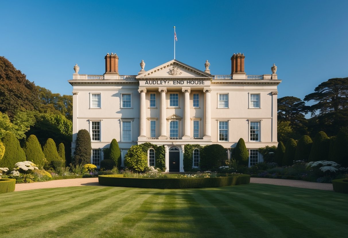 The grand facade of Audley End House, surrounded by lush gardens and towering trees, under a clear blue sky