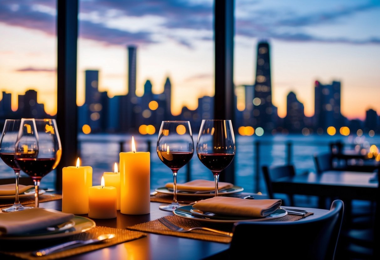 A cozy table set with candles and wine glasses at The Lockview restaurant, with a view of the city skyline through the window
