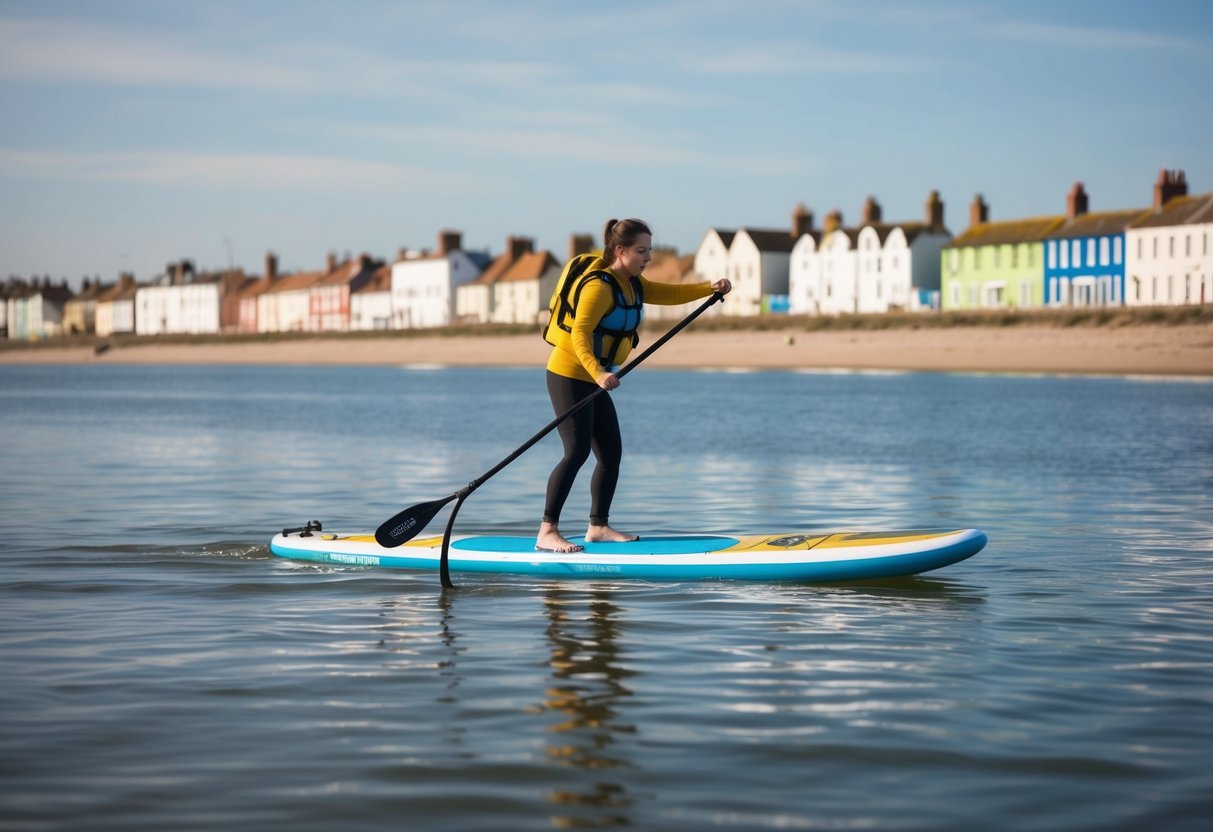 A person paddleboarding on calm waters near Brightlingsea, with colorful buildings lining the shore