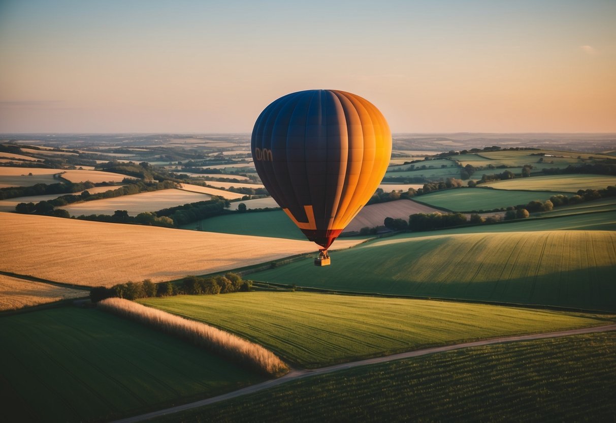 A hot air balloon floats over the rolling hills and fields of the Essex countryside, with the sun casting a warm glow over the picturesque landscape