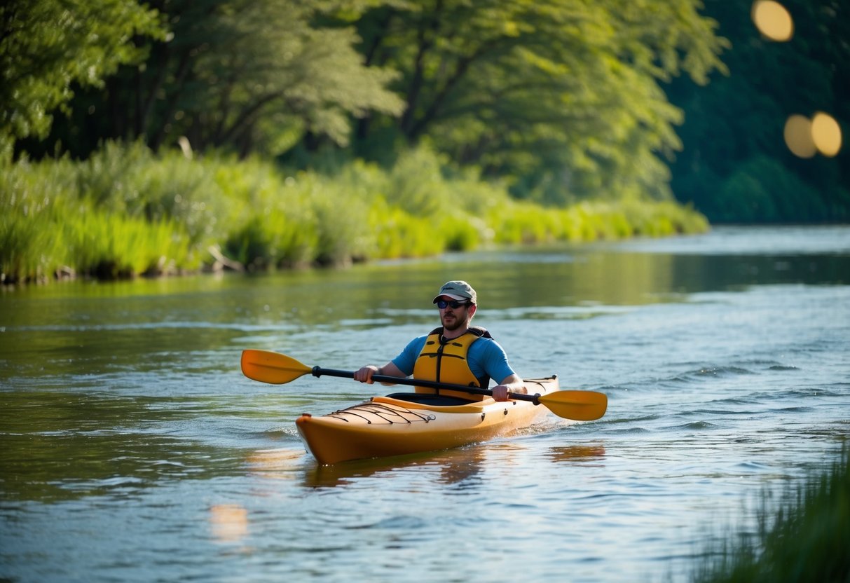 A kayaker paddling down the scenic Cuyahoga River in Akron, Ohio, surrounded by lush greenery and gently flowing water