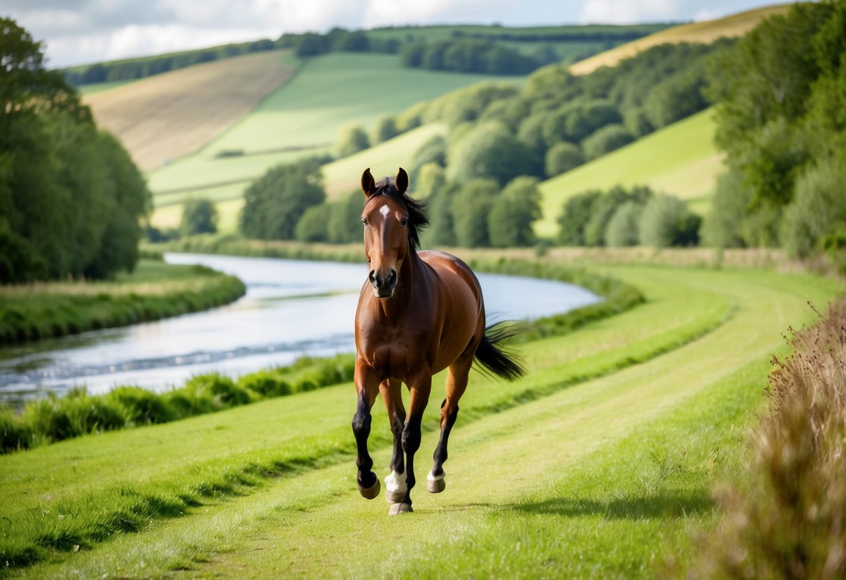 A horse galloping through the picturesque Lee Valley, surrounded by lush greenery and a tranquil river