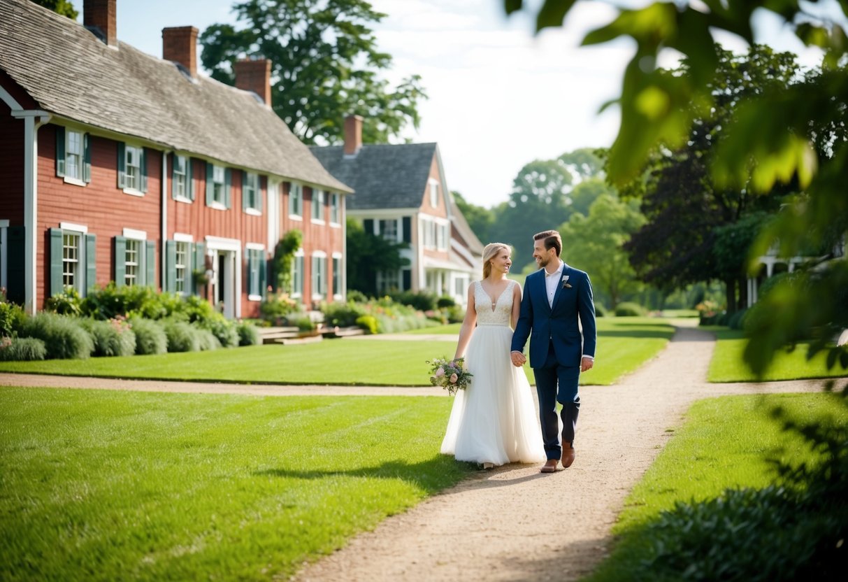 A couple strolls through the historic Hale Farm & Village, surrounded by charming 19th-century buildings and lush greenery