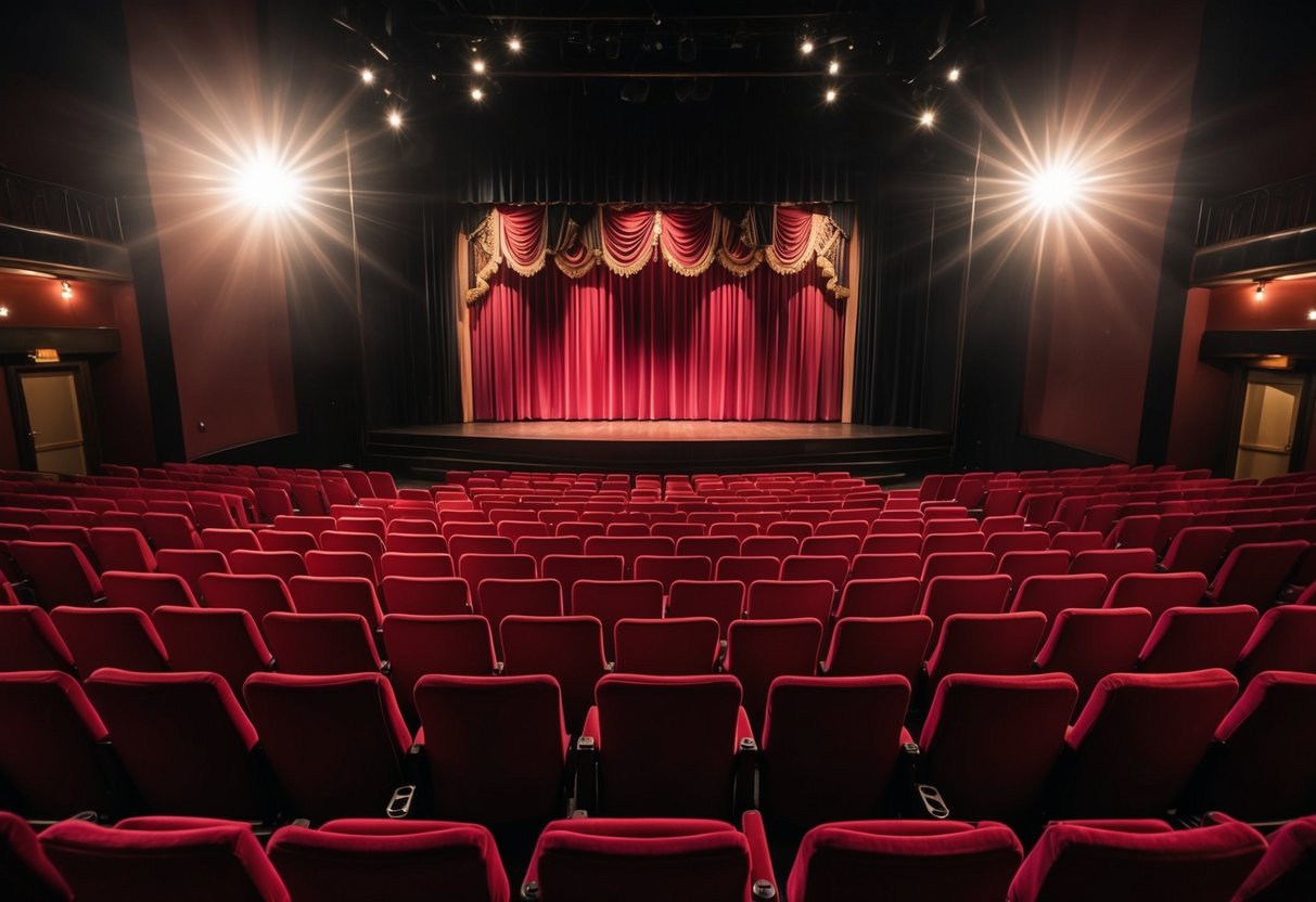 A dimly lit theater with rows of red velvet seats facing a stage adorned with elaborate curtains and bright lights