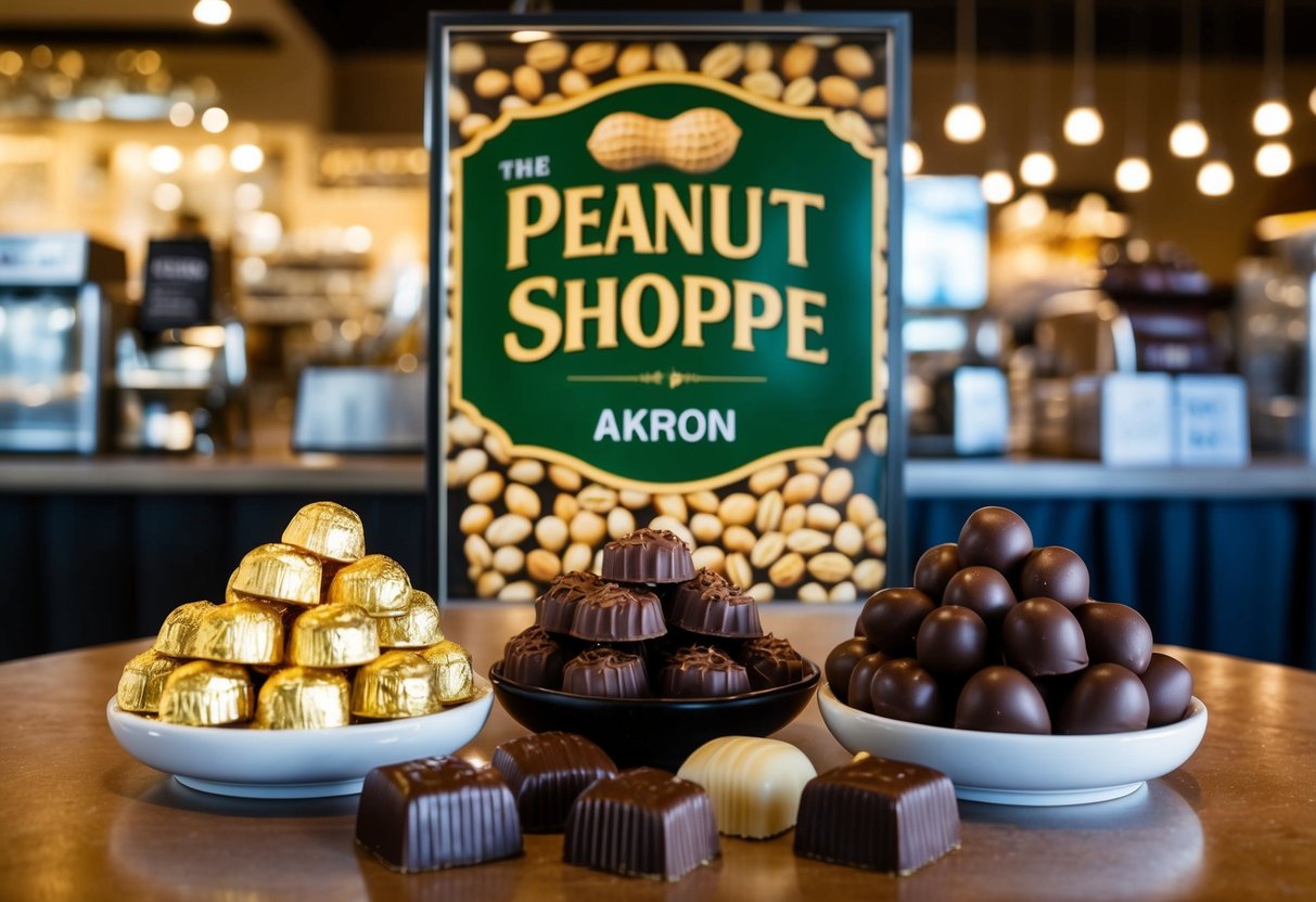 A table with assorted chocolates and a sign for The Peanut Shoppe in Akron, Ohio
