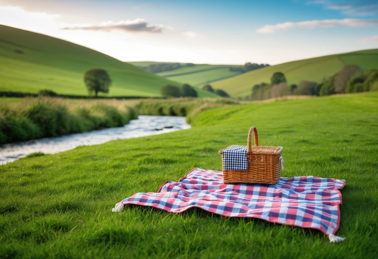 A serene picnic in the idyllic Dedham Vale, with a checkered blanket spread out on the lush green grass, surrounded by rolling hills and a babbling brook