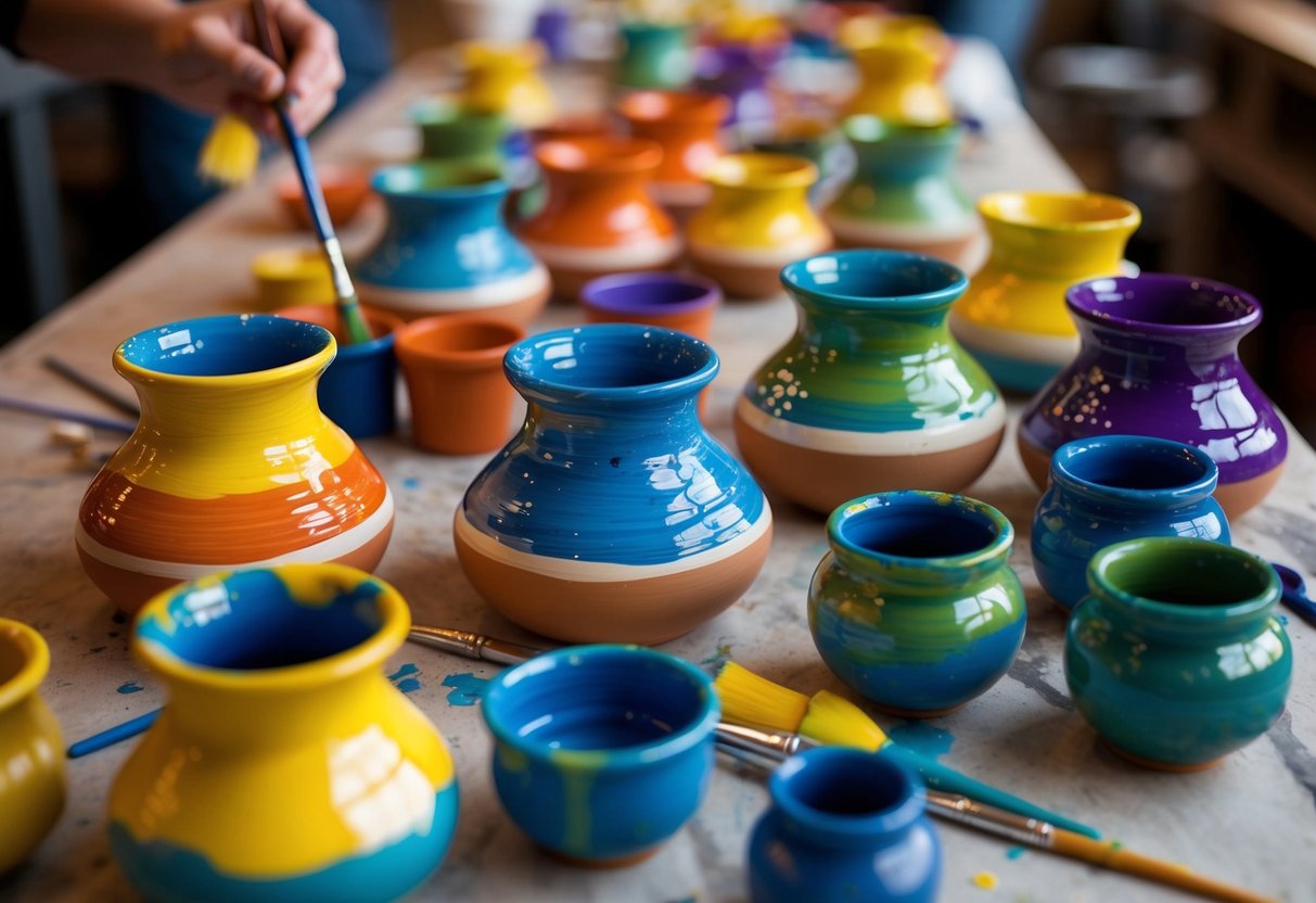 A colorful array of pottery pieces being painted at All Fired Up! in Akron, Ohio, with vibrant paints and brushes scattered across the table