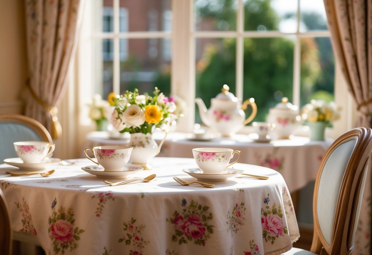 A cozy tearoom with floral tablecloths and delicate teacups on a sunny afternoon