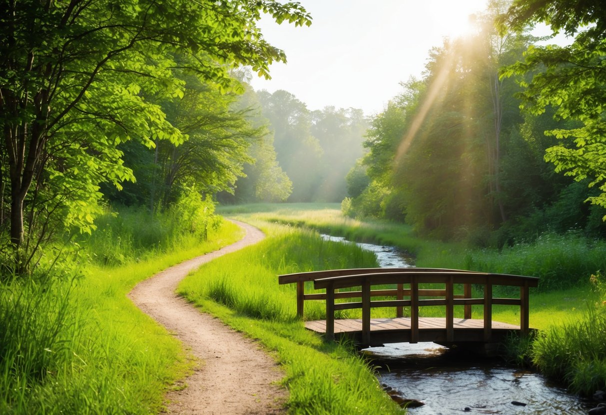 A serene nature trail winds through lush greenery, with a wooden bridge crossing over a tranquil stream. Sunlight filters through the trees, creating a peaceful atmosphere