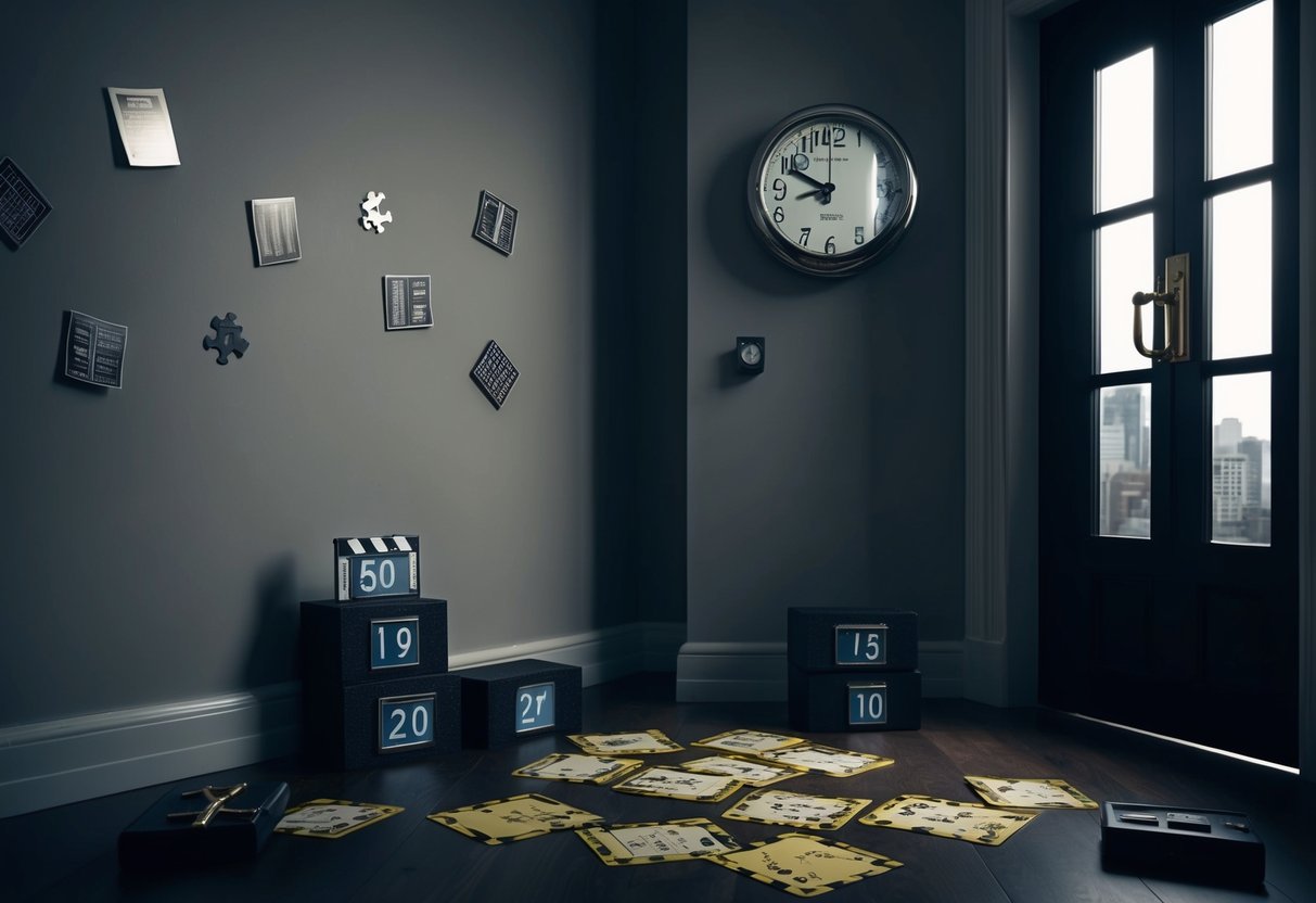 A dimly lit room with scattered clues and puzzles, a countdown clock on the wall, and a locked door leading to the outside