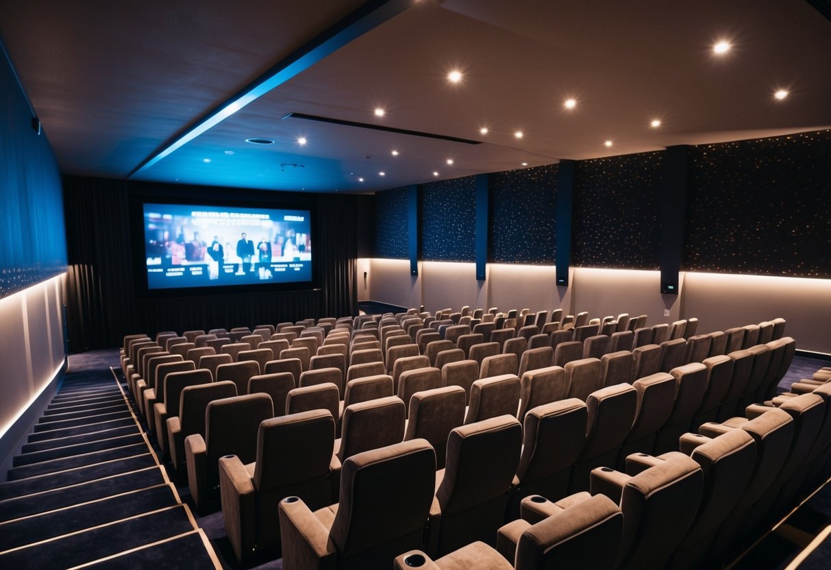 A cozy cinema with dim lighting, rows of plush seats, and a large screen showing a movie