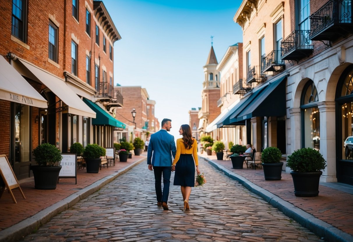 A couple strolling along the cobblestone streets in Old Town Alexandria, passing by historic buildings and charming boutiques on a sunny afternoon