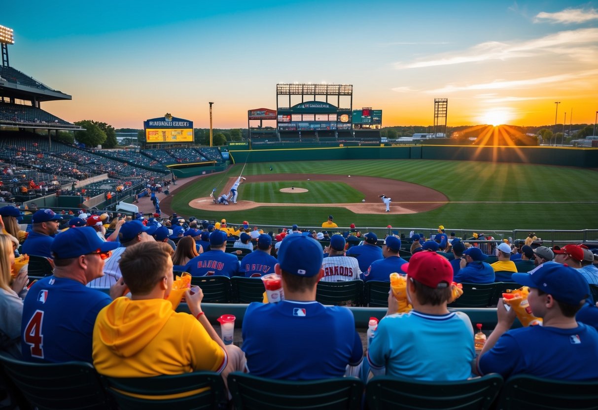 The sun sets behind the stadium as fans cheer and enjoy snacks at a RubberDucks baseball game in Akron, Ohio