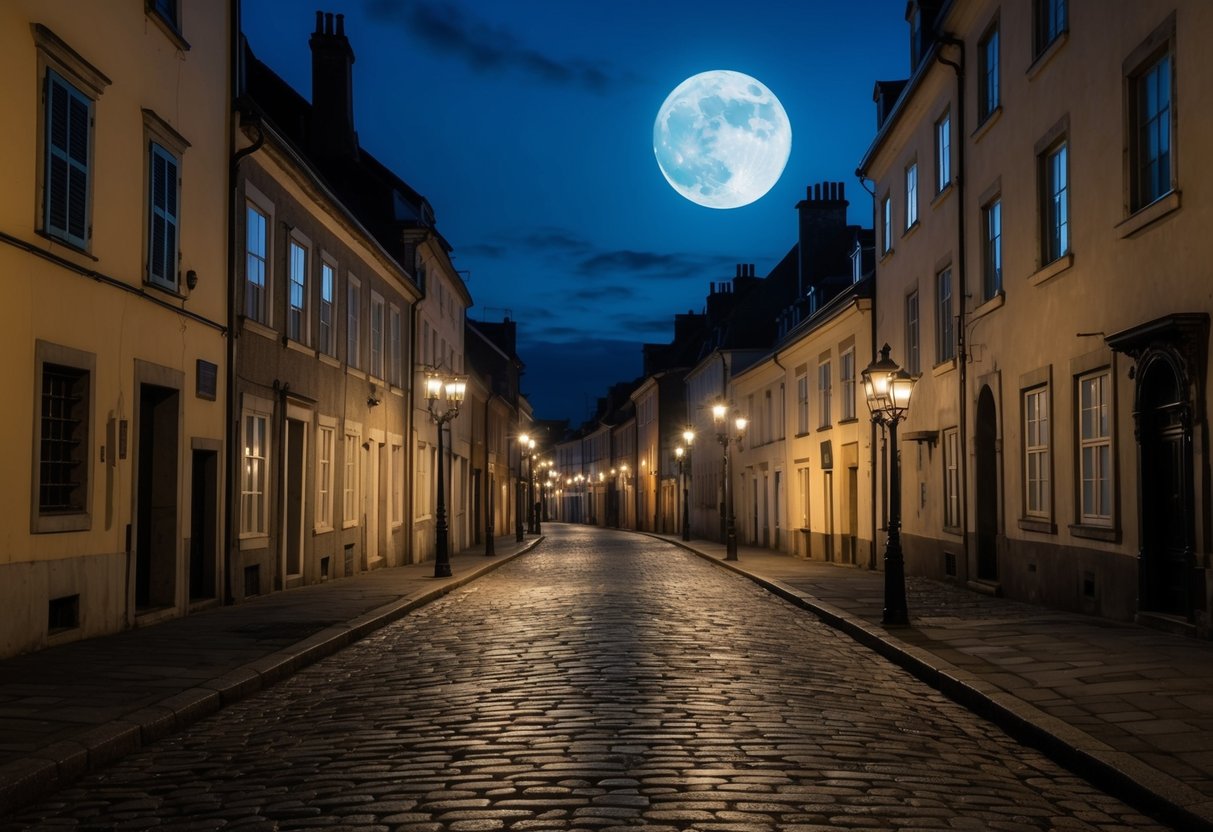 A moonlit cobblestone street lined with historic buildings, flickering gas lamps, and shadowy alleyways
